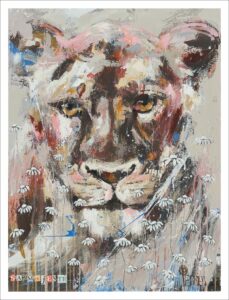 Peinture d'une lionne au regard doux