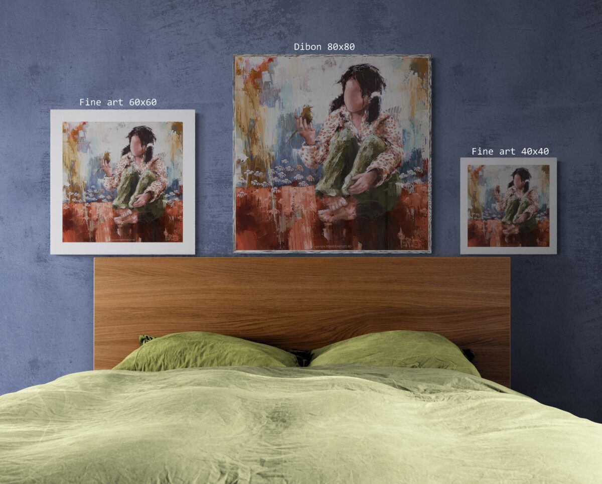 A bed with a bed and paintings on it - reproduction.